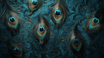 Sticker - Enchanting 3D Peacock Feather Patterns on Luxurious Velvet Background