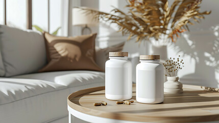 Wall Mural - Two white pill bottles with wooden lids sit on a coffee table with scattered pills and a vase with dried flowers in the background.