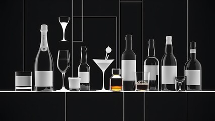 Set with different drinks on black background - champagne, beer, cocktail, wine, brandy, whiskey, scotch, vodka, cognac