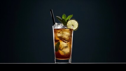 Cuba libre cocktails with mint, ice and lime on dark background