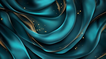 Sticker - Ethereal Elegance: 3D Swirling Silk and Golden Threads on Deep Teal Background