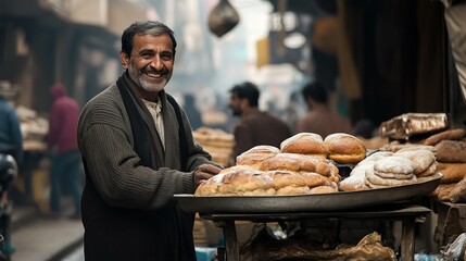 A man selling bread in the market UHD wallpaper