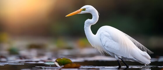 Poster -  A large white bird stands atop a tranquil body of water Nearby, a lush forest teems with leaves