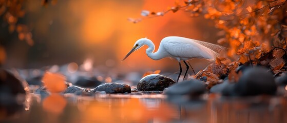 Poster -  A white bird with a long beak perches atop a rock by a body of water Nearby stands a tree, its leaves a vibrant orange hue