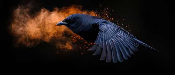 Sticker -  A black bird with sprawled wings against a black backdrop, surrounded by orange and yellow smoke