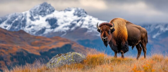 Wall Mural -  A large bison atop a grass-covered hill gazes at a snow-covered mountain, dotted with snowcapped peaks