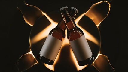 Low angle view of two glass bottles with beer and labels on dark background with back light