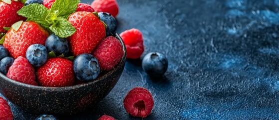  A blue surface holds a bowl filled with strawberries and raspberries, garnished by mint leaves among the juicy berries