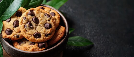 Poster -  A bowl brimming with chocolate chip cookies rests atop a weathered wooden table Nearby, a lush green plant with foliage unfurls