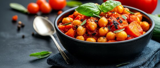 Wall Mural -  A black surface holds a bowl of chickpeas, tomatoes, and spinach with a spoon nearby