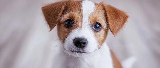  A small brown and white dog gazes sadly at the camera, its nose prominent in the frame