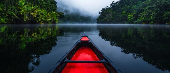 Wall Mural -  A boat floats on serene water, encompassed by lush green trees, with a foggy sky distantly shrouded