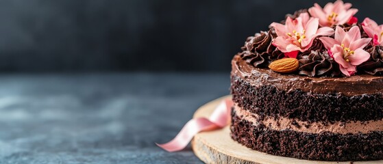 Wall Mural -  A chocolate cake with chocolate frosting, topped with pink flowers, atop a wooden board Adorned with a pink ribbon