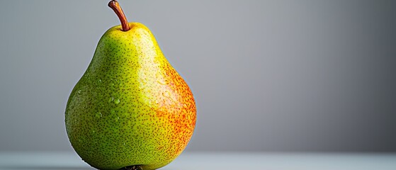  A pear atop a table, beside a glass holding water and a straw