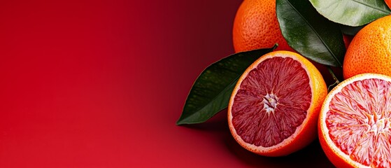 Wall Mural -  A collection of grapefruits stacked together, adorned with leaves on top, against a red backdrop