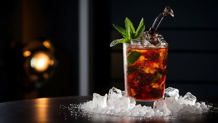 Cuba libre cocktails with mint, ice and lime on dark background