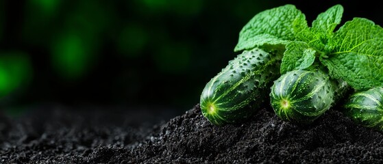 Wall Mural -  A collection of cucumbers atop a mound of soil, each sporting a verdant green leaf