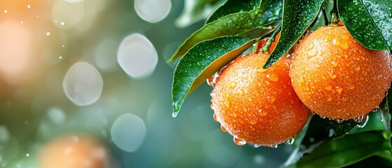  A tight shot of two oranges hanging from a tree, with dewdrops on nearby leaves and an indistinct backdrop