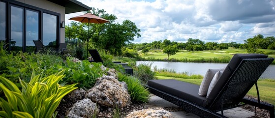 Poster -  A patio featuring a chaise lounge nestled near a pond, with a golf course lying beyond the house