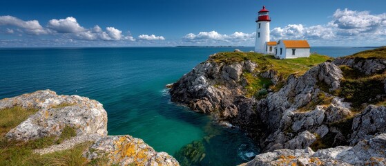 Canvas Print -  A red-roofed lighthouse in stark contrast sits atop a cliff, overlooking a body of water Its white body and solitary red beacon stand out against the