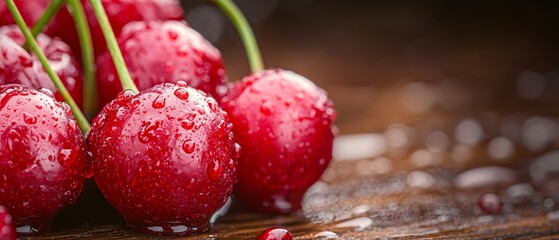 Wall Mural -  Group of cherries atop rain-splattered wooden table