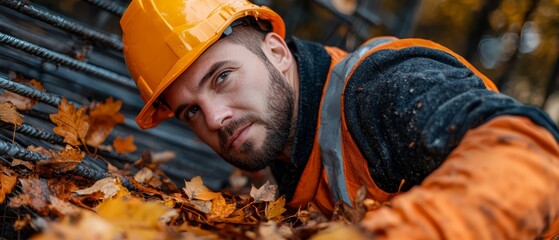 Sticker -  A man in an orange safety vest and yellow hard hat leans over a mound of leaves, gazing at the camera