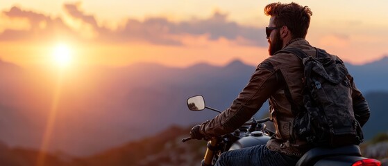 Sticker -  A man rides on a motorcycle's back seat as the sun sets, mountains looming in the background