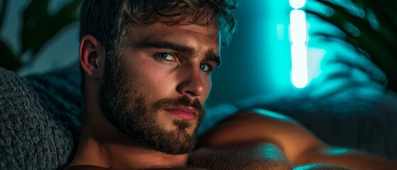 Canvas Print -  A tight shot of a shirtless man reclining on a bed A plant sits in the room's corner