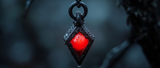  A red light is suspended from a black chain The chain encircles the light and extends to a clasp, securing the other end At the terminus of the chain hangs