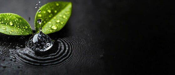 Canvas Print -  A tight shot of a water droplet encompassing a green leaf, suspended in its center, against a backdrop of unyielding blackness