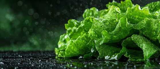  A mound of green lettuce atop a darkened surface, speckled with water droplets