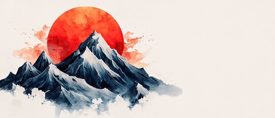 Canvas Print -  A watercolor mountain range scene with a red sun atop its peak