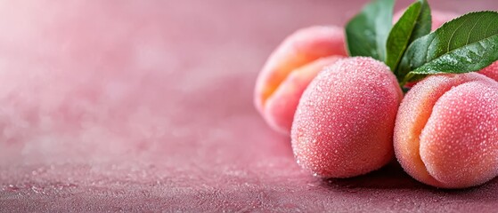 Wall Mural -  A tight shot of ripe peaches with their green leaves against a pink backdrop, dotted with water droplets