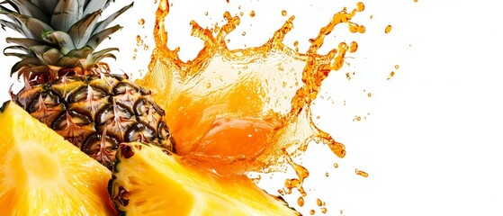 Poster -  A pineapple sliced in half, orange juice spilling from its top onto a pristine white background