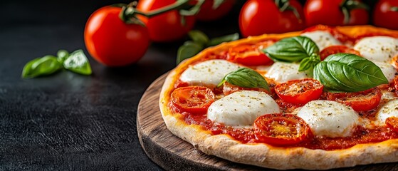 Poster -  A pizza with mozzarella, tomatoes, and basil on a cutting board Nearby, tomatoes and basil leaves wait