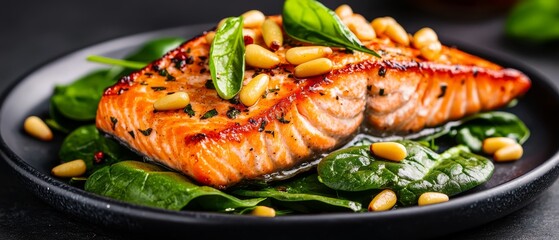 Sticker - Salmon and spinach atop a bed of fresh spinach, garnished with pine nuts