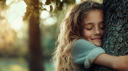 closeup portrait of young girl hugging a tree