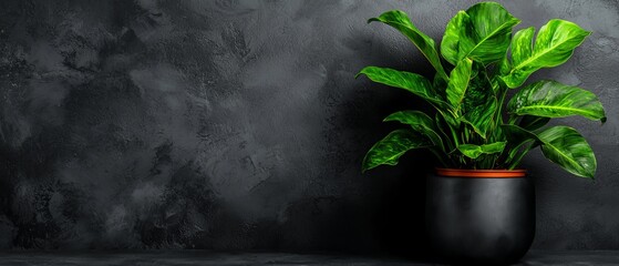  A potted plant on a table, near a gray wall Black pot tops it