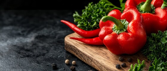 Wall Mural -  A red pepper cluster rests atop a wooden cutting board, accompanied by broccoli and a mound of black pepper