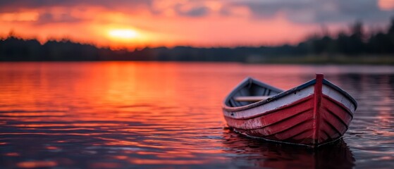 Wall Mural -  A red-and-white boat atop tranquil water, beneath a cloudy sky, as the sun sets in the distance