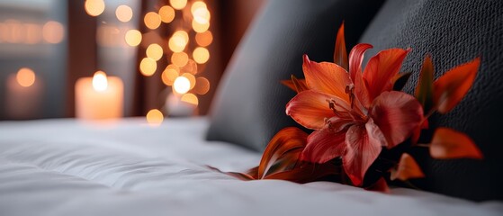 Canvas Print -  A red flower atop a bedside table, nearby a lit candle in the background