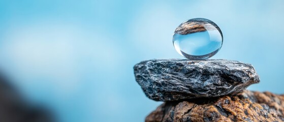 Poster -  A tight shot of a rock bearing a glass orb atop, against a backdrop of a tranquil blue sky