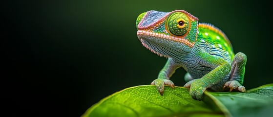 Poster -  A chameleon atop a green leafy branch against a black backdrop