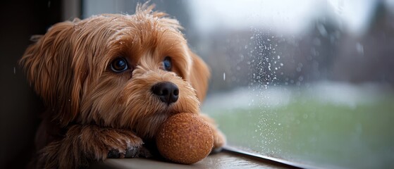 Poster -  A tight shot of a dog, nose rested on a window sill, holding a toy in its mouth, gazing outside