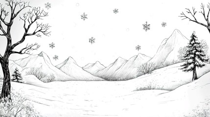 hand-painted landscape illustrations with black and white lines,generated with ai.