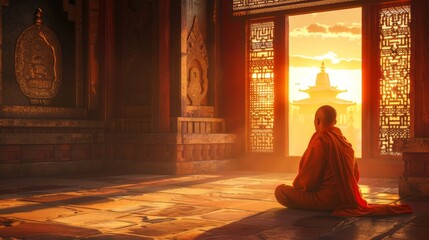 A monk sits in a room with a window and a building in the background