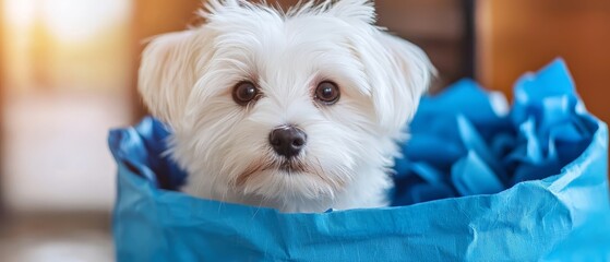 Poster -  A tight shot of a tiny white dog holding a blue sack in its lap, gazing directly into the camera