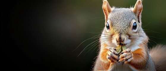 Wall Mural -  A tight shot of a squirrel with a morsel in its mouth gazing at the camera