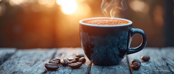 Poster -  A steaming cup of coffee atop a weathered wooden table, surrounded by dispersed coffee beans