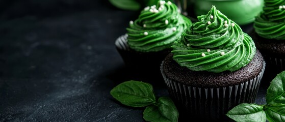 Poster -  Chocolate cupcakes on black surface, topped with green frosting and colorful sprinkles Surrounded by emerald green leaves